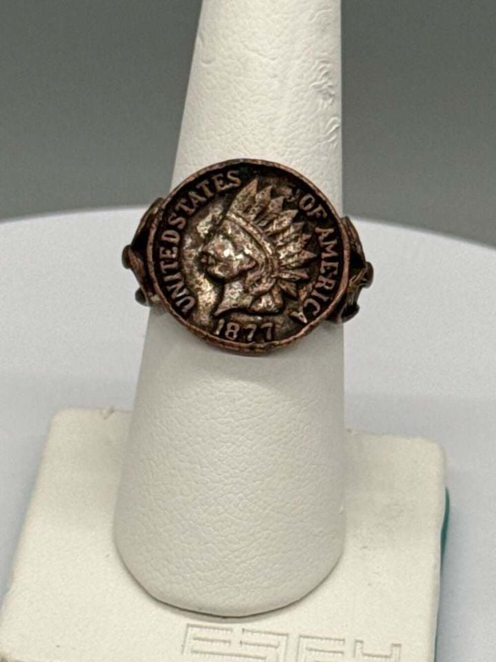 1877 Replica Indian Head Penny Coin Ring Feather Design Band Brass Tone 7.25 Vtg